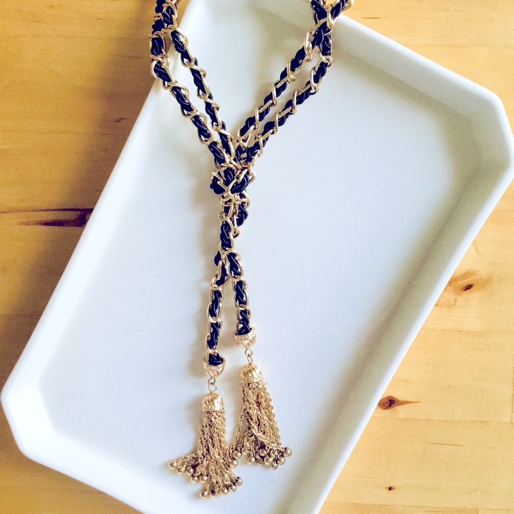 Woven Gold tone and leather lariat necklace, NWT